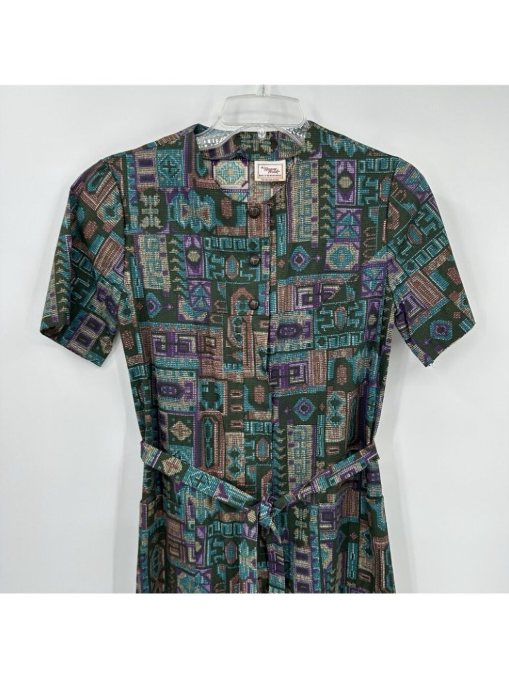 vintage 70s A LINE SHORT SLEEVE DRESS M aztec southwestern festival casual boho - Picture 6 of 13